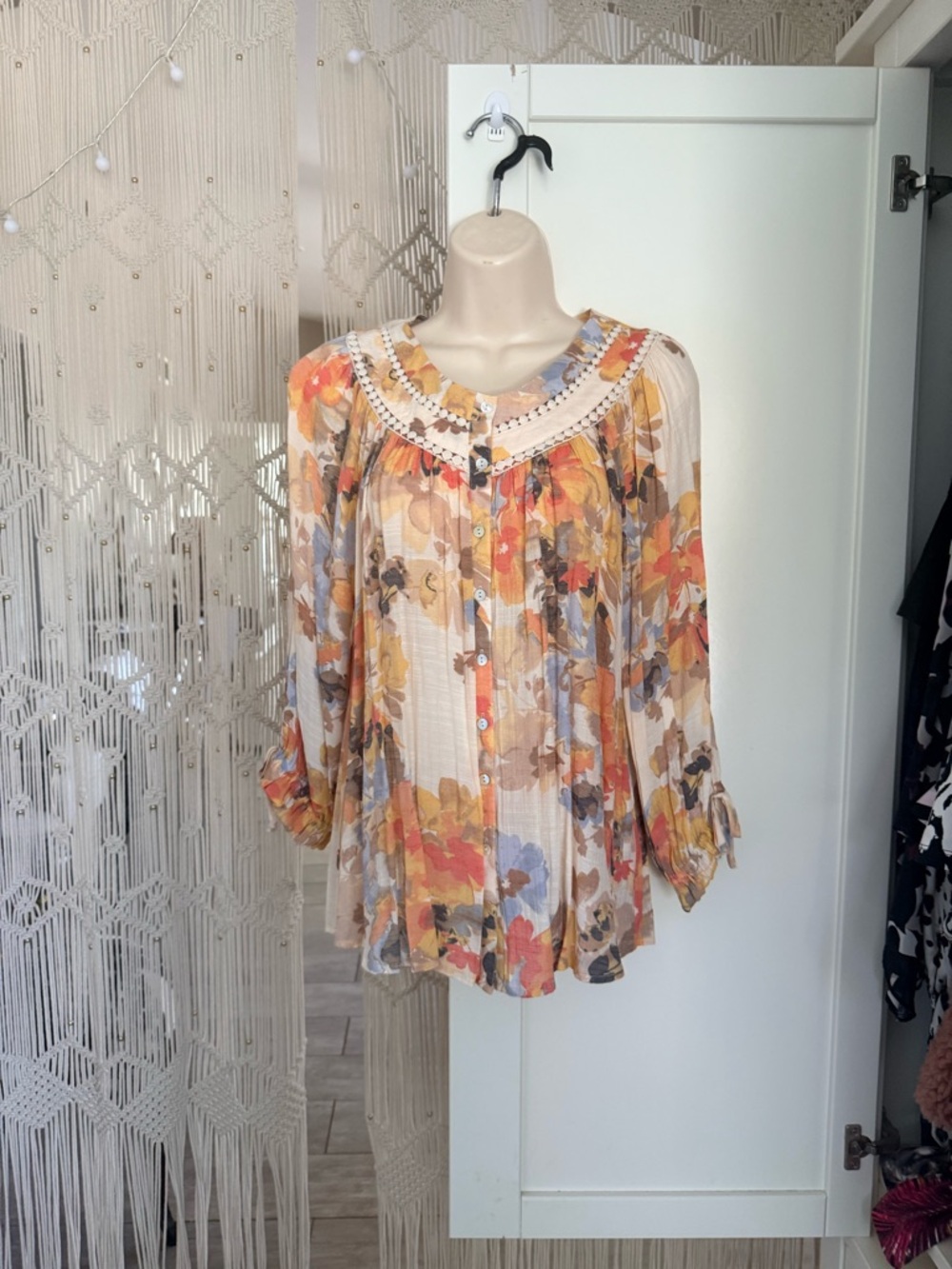 Floral Button-Front Peasant Blouse - Cream with Autumn Floral